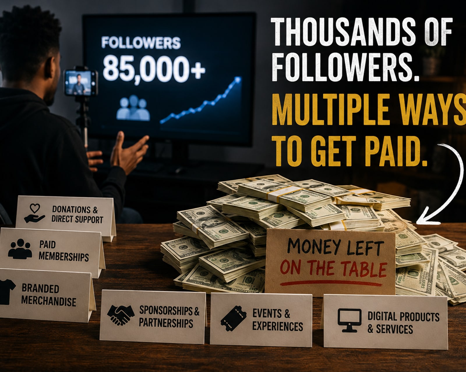 Creator monetization graphic showing six revenue streams and money left on the table.